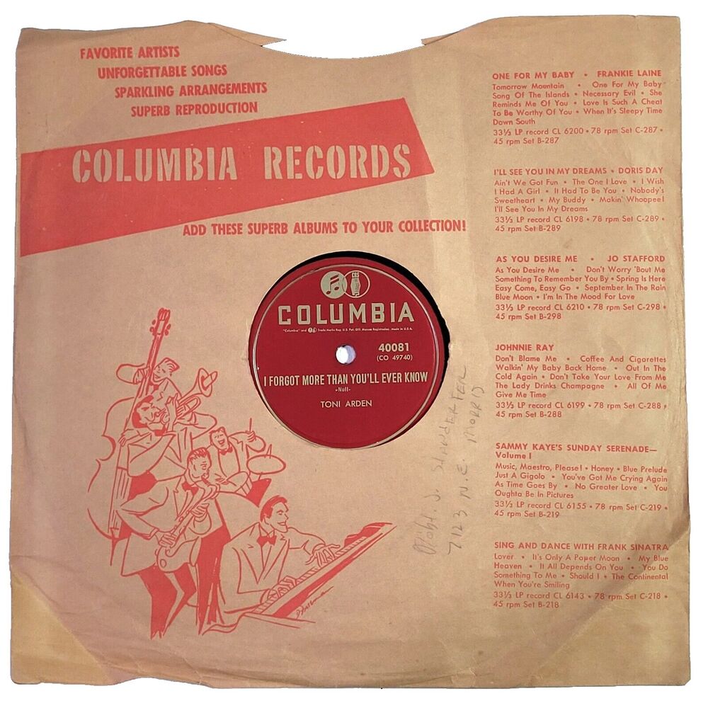 Toni Arden ‎78 RPM - I Forgot More Than You'll Ever Know / Anymore - Columbia E+